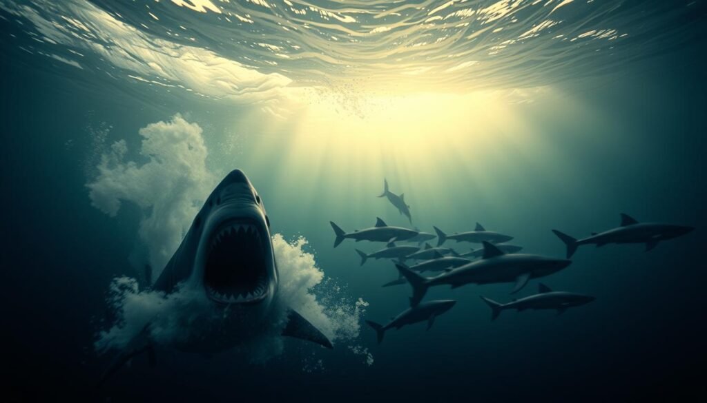 A dreamlike underwater scene depicting various shark dream scenarios. In the foreground, a large shark emerges from a swirling current, its jaws open wide, representing the threat or danger in the dreamer's life. In the middle ground, a school of smaller sharks swim peacefully, symbolizing hidden anxieties or fears. The background features a dim, ethereal light filtering through the water, creating an ominous and mysterious atmosphere. The lighting is dramatic, with chiaroscuro contrasts to heighten the sense of foreboding. The camera angle is slightly low, making the sharks appear more imposing and powerful. The overall mood is one of unease and the need for the dreamer to confront and interpret the deeper meanings behind their shark dreams.