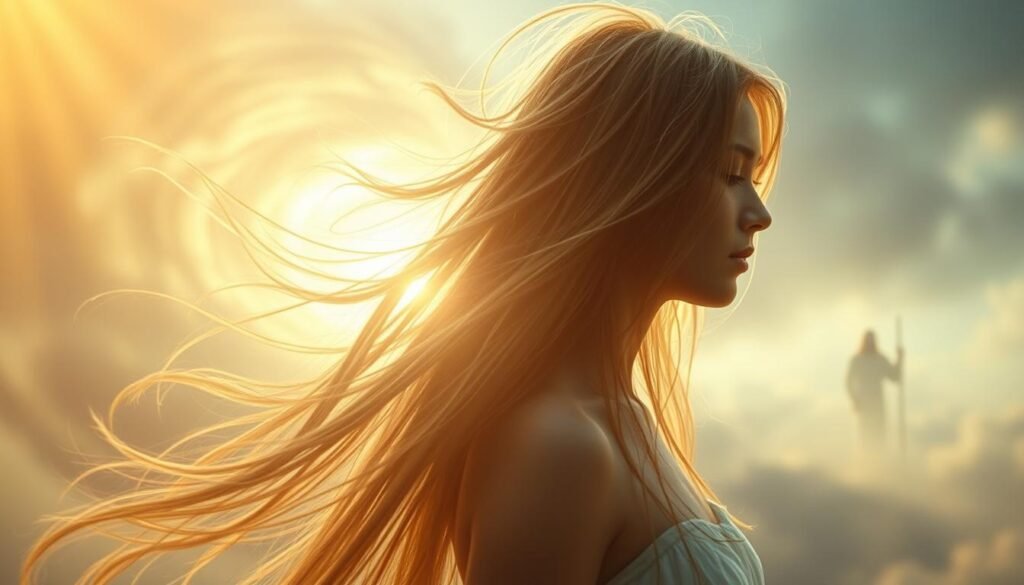 A dreamlike vision of spiritual transformation and the symbolism of hair loss. In the foreground, a serene figure with long, flowing hair undergoing a profound metamorphosis, their locks gradually dissipating into cascading strands of light. The middle ground reveals a swirling vortex of energy, reflecting the inner turmoil and spiritual awakening. In the distant background, a faint silhouette of a biblical figure, a nod to the deeper, symbolic meaning of hair in dreams. Bathed in a warm, ethereal glow, the scene evokes a sense of enlightenment, vulnerability, and the profound journey of the soul.