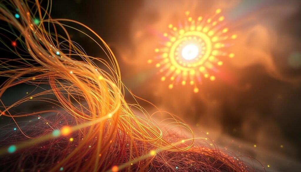 A dreamlike visualization of vibrant, swirling hair growth patterns. In the foreground, luminous strands intertwine, gently pulsing with an inner light. The middle ground features a spiraling mandala of hair follicles, bursting forth in a riot of colors. The background depicts a misty, ethereal landscape, with wisps of energy trailing through the scene. Soft, diffused lighting casts a warm, mystical glow, evoking a sense of spiritual transformation. Captured through a wide-angle lens, the composition draws the viewer into this surreal, metaphysical exploration of hair growth as a visual representation of inner growth and power.