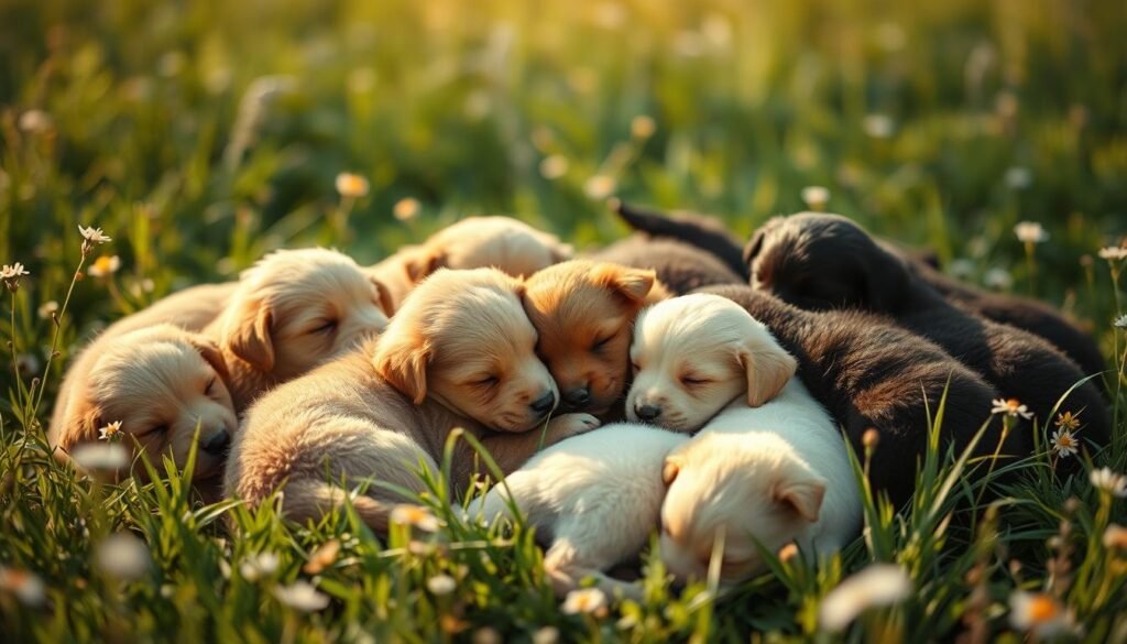 A dreamlike, whimsical scene of multiple puppies in a serene, sun-dappled field. Soft, fluffy puppies in various colors - golden, black, brown, and white - playfully tumbling and napping together, surrounded by lush, verdant grass and delicate wildflowers. The puppies exude a sense of innocent joy and abundance, yet there is an underlying feeling of slight overwhelm and vulnerability in their carefree reverie. Warm, diffused lighting creates a hazy, ethereal atmosphere, as if glimpsed through the veil of a dream. Composed with a shallow depth of field to draw the eye to the puppies in the foreground, while the background gently fades into a blurred, pastoral landscape.