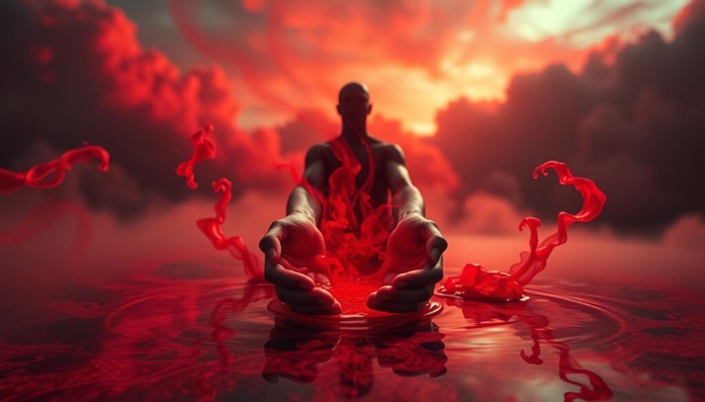 A dreamscape bathed in a crimson hue, blood-red clouds swirling against a moody sky. In the foreground, a symbolic figure emerges, hands cupping a pool of scarlet liquid, its viscous texture reflecting the flickering light. Tendrils of crimson mist coil and curl, infusing the scene with a sense of mysticism and the primal power of life's essence. The composition is centered, drawing the viewer's gaze to the heart of this metaphysical exploration, where the meaning of blood and its spiritual significance are unveiled. Dramatic chiaroscuro lighting casts dramatic shadows, heightening the sense of depth and the richness of this symbolic landscape.