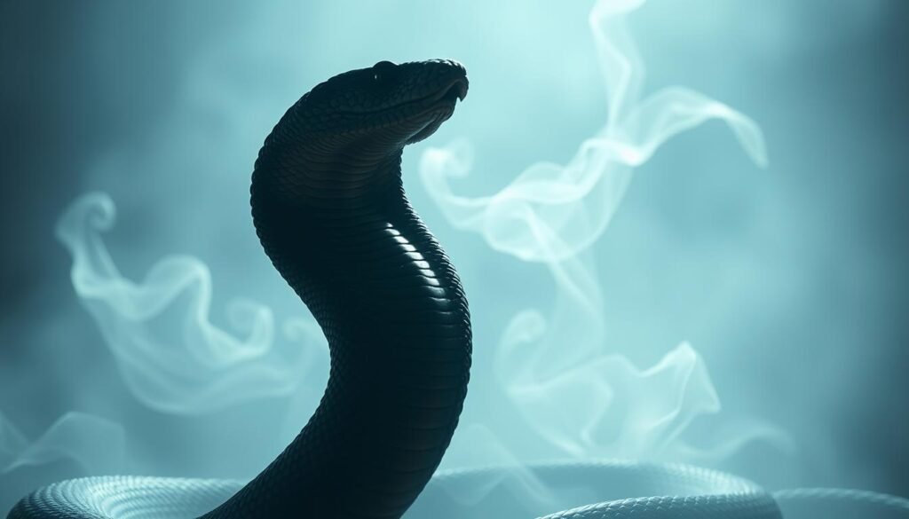 A dreamscape enveloped in an ethereal, spiritual atmosphere. In the foreground, a majestic king cobra rises, its hooded head poised in a graceful yet powerful stance, symbolizing the awakening of the divine Kundalini energy. The snake's scales shimmer with an iridescent sheen, as if imbued with preternatural luminescence. In the middle ground, wisps of translucent, otherworldly mist swirl, hinting at the liminal realms between waking and dreaming. The background is shrouded in a soft, diffuse glow, creating a sense of mysticism and transformation. Subtle light from an unseen source casts gentle shadows, imbuing the scene with a sense of depth and ethereal wonder. The overall composition evokes a transformative, spiritual journey, with the cobra as the catalyst for profound personal growth.