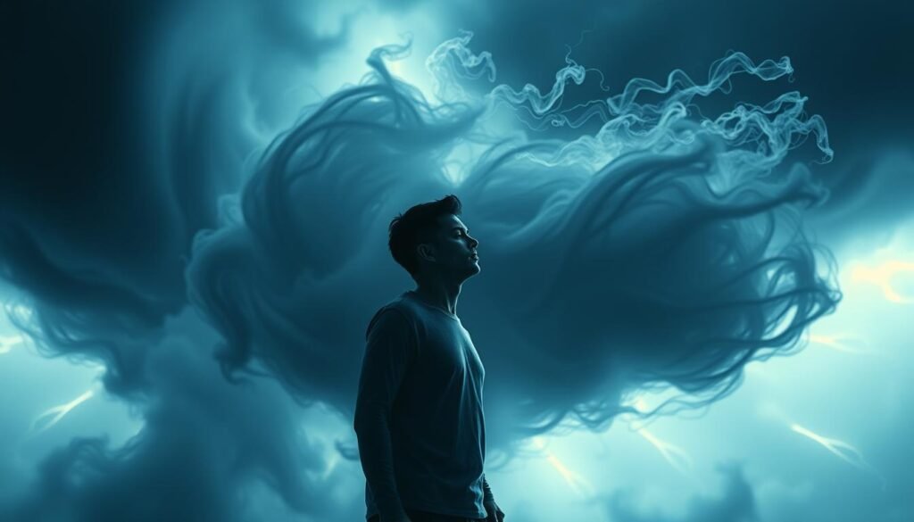 A dreamscape in shades of blue and gray, with swirling tornado-like forms in the background, symbolizing emotional turmoil. In the foreground, a human figure stands, eyes closed, expression pensive, surrounded by ethereal wisps and tendrils, representing the psychological significance of dreams. Soft, diffused lighting casts a contemplative atmosphere, as if glimpsing the subconscious mind. The composition conveys a sense of introspection, the tornado-like shapes mirroring the inner emotional storms. The overall scene evokes the deep connection between our dreams and the emotional landscape within.