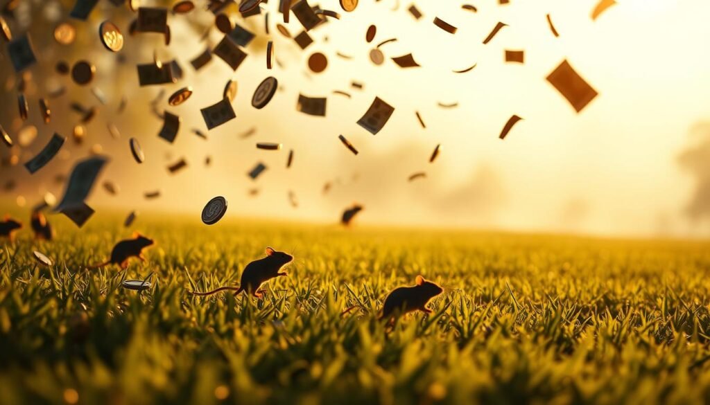 A dreamscape of coins and bills cascading through the air, mingling with the silhouettes of mice scurrying across a lush, verdant field. The foreground is awash in a warm, golden glow, casting a sense of prosperity and abundance. In the middle ground, the mice dart and weave, their movements symbolic of the careful navigation required to harness financial blessings. The background fades into a hazy, ethereal landscape, suggesting the spiritual, intuitive nature of wealth and its ephemeral qualities. The lighting is soft and diffused, creating an atmosphere of tranquility and contemplation. The overall scene evokes the idea of financial dreams taking flight, guided by the wise counsel of the humble mouse, a small messenger with a big warning about the true nature of prosperity.