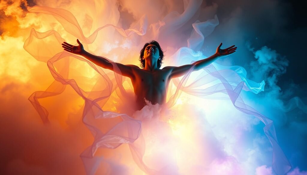 A dreamscape of emotional release, featuring a figure immersed in a swirling flood of vibrant colors and ethereal energy. Soft lighting illuminates the scene, casting a warm, introspective glow. The figure's pose conveys a sense of catharsis, arms outstretched as if embracing the flood, symbolizing the surrender and liberation of suppressed emotions. Billowing, semi-transparent fabric elements create a sense of movement and fluidity, mirroring the flow of the dream flood. The background is a blend of abstract, dreamlike textures and forms, evoking a sense of the subconscious and the unfamiliar. Subtle hints of natural elements, such as mist or clouds, add to the overall atmosphere of the surreal, transcendent experience.