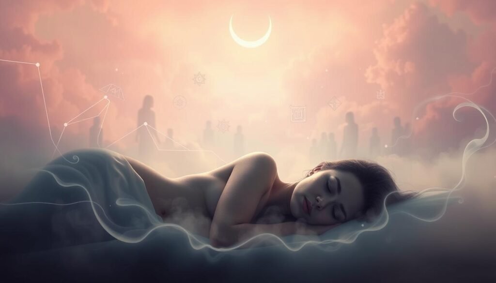 A dreamscape of ethereal, introspective beauty. In the foreground, a sleeping figure rests peacefully, their face serene and tranquil. Surrounding them, wispy tendrils of mist and light swirl, creating a sense of otherworldly energy. In the middle ground, vague, symbolic forms take shape - ancient symbols, arcane sigils, and the faint outlines of unseen presences. The background is a wash of soft, pastel hues - pinks, purples, and blues - that evoke a sense of the mystical and the divine. Overhead, a crescent moon casts a gentle glow, illuminating the scene with a sense of spiritual resonance. The entire composition radiates a profound, contemplative atmosphere, inviting the viewer to meditate on the hidden meanings and transformative power of dreams.