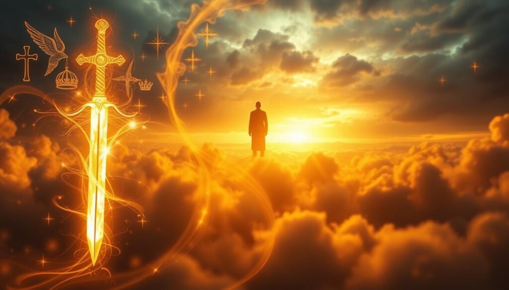 A dreamscape of ethereal symbols, bathed in a warm, golden glow. In the foreground, a shimmering sword, its blade composed of light, representing the armor of God. Surrounding it, a swirling vortex of spiritual energy, manifesting as translucent, glowing shapes &ndash; crosses, crowns, and angelic wings. In the middle ground, a towering, shadowy figure, its form obscured, symbolizing the forces of darkness. In the distance, a stormy sky, the horizon illuminated by flashes of divine power, hinting at the unseen battle between the heavenly and unheavenly realms. Capture the essence of spiritual warfare, where the physical and metaphysical collide in a dream of biblical proportions.