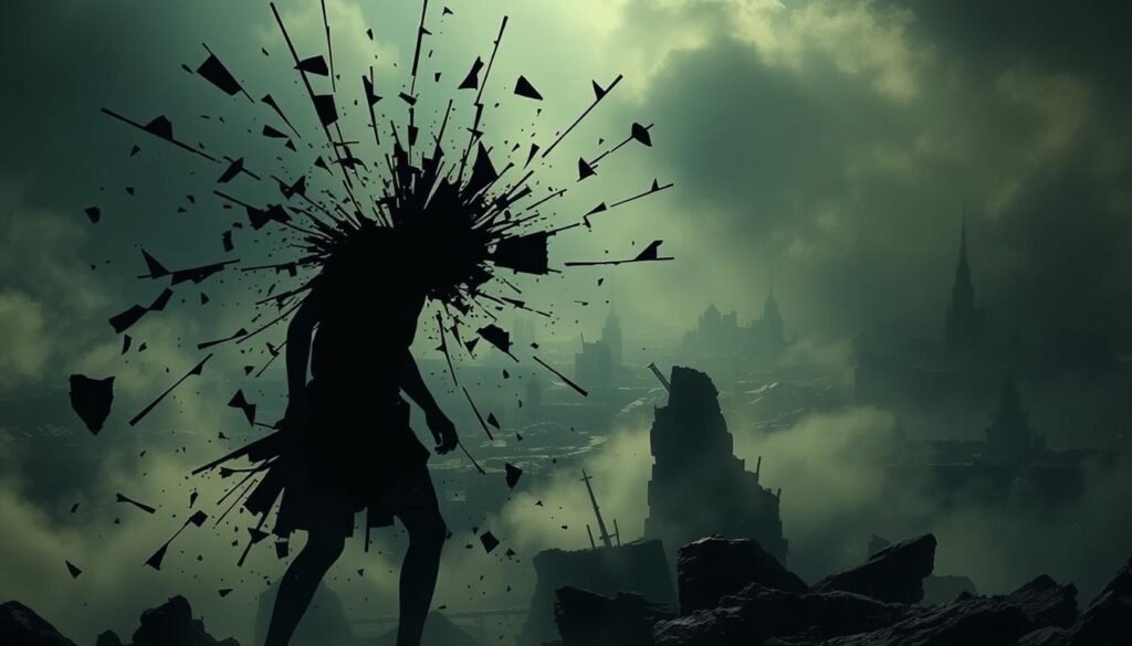 A dreamscape of fractured, self-destructive patterns. In the foreground, a shadowy figure twists and contorts, consumed by inner turmoil. Jagged lines and shattered fragments swirl around them, mirroring the chaos of the psyche. The middle ground is a surreal, distorted landscape, with disjointed shapes and forms that seem to collapse in on themselves. The background is a hazy, ethereal realm, where muted colors and blurred edges create a sense of disconnection and unease. Dramatic chiaroscuro lighting casts dramatic shadows, heightening the sense of internal conflict. The overall mood is one of deep introspection, where the subconscious battles against itself, leaving the dreamer trapped in a maelstrom of self-sabotage.