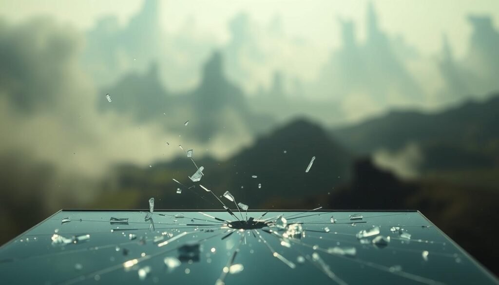 A dreamscape of fragility and vulnerability. In the foreground, a delicate glass screen cracks, symbolizing the fragile nature of our digital lives. Shards of glass float weightlessly, reflecting the dreamer's sense of unease. The middle ground features hazy, dimly-lit surroundings, evoking the subconscious realm of dreams. Soft, muted colors create an atmosphere of introspection and unease. In the background, a surreal landscape of shifting, abstract forms suggests the fluidity and unpredictability of the dream state. Dramatic low-angle lighting casts dramatic shadows, heightening the sense of tension and uncertainty. The overall mood is one of fragility, fragmentation, and the vulnerability inherent in our digital existence.