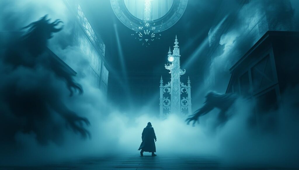 A dreamscape of inner turmoil, a surreal battlefield of the subconscious. In the foreground, a lone figure locked in personal combat, their shadowy adversary a manifestation of unresolved emotions. Swirling mists and abstracted architectural forms create a disorienting, ethereal atmosphere, reflecting the complexities of the psyche. Muted hues of blue and gray lend a sense of melancholy, while shafts of ethereal light pierce the gloom, hinting at the potential for transformation and growth. Captured through the lens of a moody, cinematic aesthetic, this image aims to embody the spiritual essence of inner conflict as it unfolds within the realm of dreams.