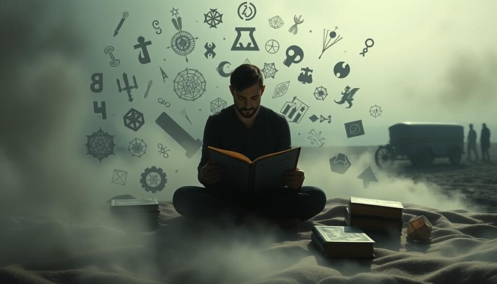 A dreamscape of interpretive symbols, set against a muted, ethereal backdrop. In the foreground, a figure seated in a meditative pose, lost in contemplation of an open book of dream analysis. Surrounding them, a swirling array of icons - runes, crystals, tarot cards, and other arcane divination tools. The middle ground is bathed in a soft, diffused light, casting long shadows that hint at the subconscious depths being explored. In the distance, a vague silhouette of a funeral procession, a nod to the broader context of the dream interpretation. The overall mood is one of introspection and the search for meaning within the subjective realm of personal beliefs.