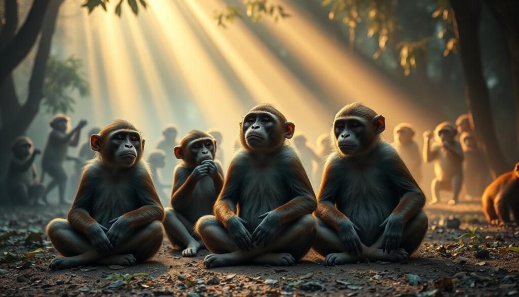 A dreamscape of multiple mischievous monkeys lost in introspective thought. In the foreground, three primates sit cross-legged, eyes closed, deep in a meditative trance. Their fur shimmers with intricate details, each one a unique individual. The middle ground features a larger group of monkeys engaged in animated discussions, gesturing with their nimble hands. In the background, a misty forest setting provides a serene, otherworldly backdrop, with beams of soft, golden light filtering through the canopy. The overall mood is one of contemplation, insight, and the collective wisdom of these intelligent, perceptive creatures.