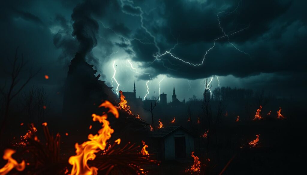 A dreamscape of ominous symbols and subconscious warnings. In the foreground, flickering flames cast an otherworldly glow upon a crumbling house, its walls collapsing inward. Swirling smoke and dancing embers fill the middle ground, obscuring a sense of impending disaster. In the distant background, a storm-darkened sky rumbles with foreboding thunder, lightning flickering ominously. Surreal and unsettling, the scene evokes a profound sense of unease, as though the dreamer's subconscious is desperately trying to convey an important message.