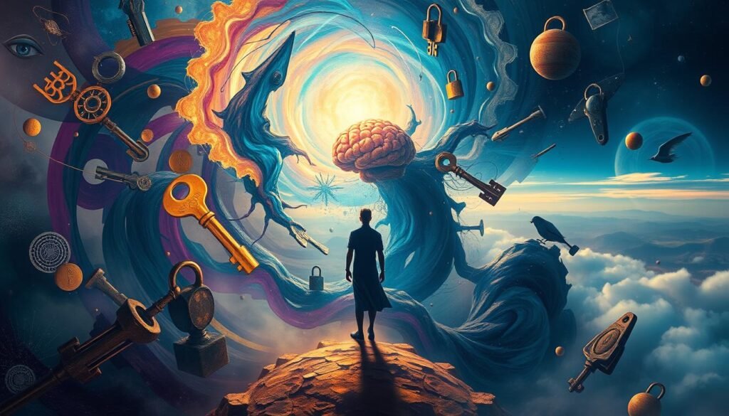 A dreamscape of psychological symbolism, where surreal imagery intertwines with the subconscious. In the foreground, a figure representing the human psyche stands resolute, surrounded by a swirling vortex of abstract shapes and forms. Vibrant hues of blue, purple, and gold dance across the canvas, creating a sense of depth and mysticism. In the middle ground, fragmented elements such as keys, locks, and disembodied eyes hint at the complexities of the human mind. The background is shrouded in a misty, ethereal atmosphere, with hints of a nighttime sky and distant, otherworldly landscapes. Soft, diffused lighting casts a dreamlike glow, evoking the realm of the unconscious. The overall composition aims to capture the essence of dream psychology symbolism, inviting the viewer to explore the depths of the psyche.