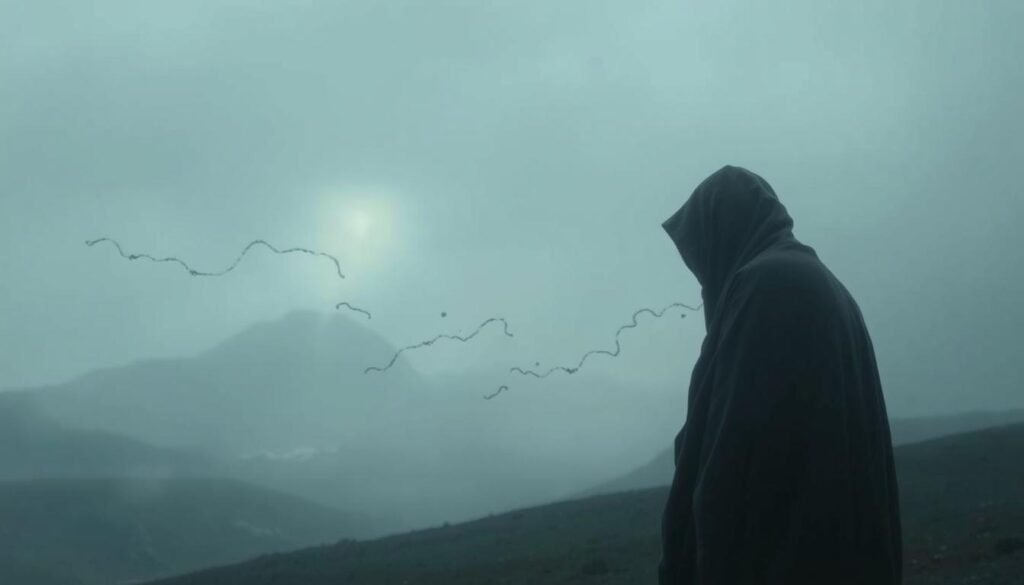 A dreamscape of sorrow, a misty realm where grief manifests. In the foreground, a figure shrouded in a shawl of shadows, their face obscured, shoulders hunched in anguish. Trailing behind them, a cascade of wispy, tear-like wisps drifting through the air, casting a somber glow. The middle ground reveals a hazy, ethereal landscape, with muted colors and a sense of emotional heaviness. In the distance, a glimmer of light struggles to break through the veil of melancholy, hinting at the potential for healing. Soft, diffused lighting casts a melancholic tone, as if the world itself weeps for the loss portrayed. Haunting, atmospheric, and evocative of the complex emotions surrounding grief and its manifestation in the subconscious.