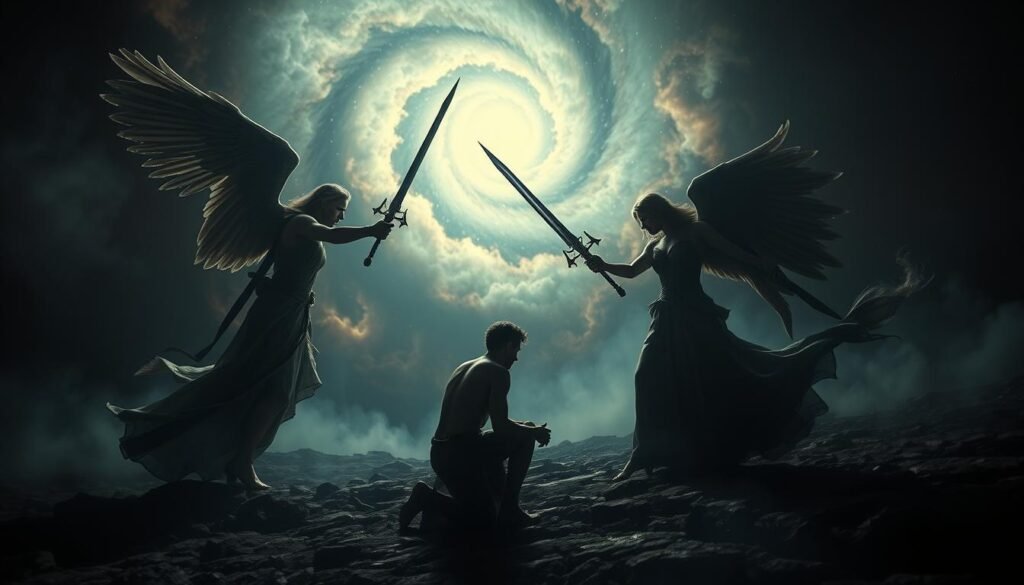 A dreamscape of spiritual warfare, ethereal figures engage in a cosmic battle. In the foreground, a warrior angel wielding a celestial blade, shielding a kneeling human from shadowy demonic forces. In the middle ground, a swirling vortex of energy, luminous and ominous. In the background, a nebula-like landscape, shimmering with otherworldly light. Dramatic chiaroscuro lighting, sharp contrasts between light and shadow. Cinematic, dramatic camera angle, capturing the intensity of the scene. An atmosphere of mysticism and the unseen forces that shape our dreams.