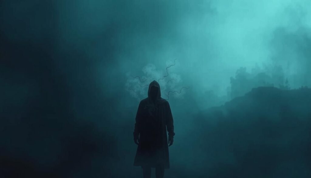 A dreamscape of suppressed emotions, a shadowy figure emerges from the depths of the subconscious. Muted tones of indigo and charcoal envelope the scene, casting an eerie, introspective atmosphere. In the foreground, a solitary figure stands, their face obscured, as if concealing the turbulent thoughts within. Wisps of ethereal energy swirl around them, hinting at the internal turmoil bubbling beneath the surface. The background fades into a hazy, abstract landscape, symbolizing the liminal space between waking and dreaming, where hidden impulses manifest. Soft, directional lighting casts dramatic shadows, emphasizing the psychological tension of the moment. The overall composition conveys a sense of unease and the struggle to confront the darkest corners of the human psyche.