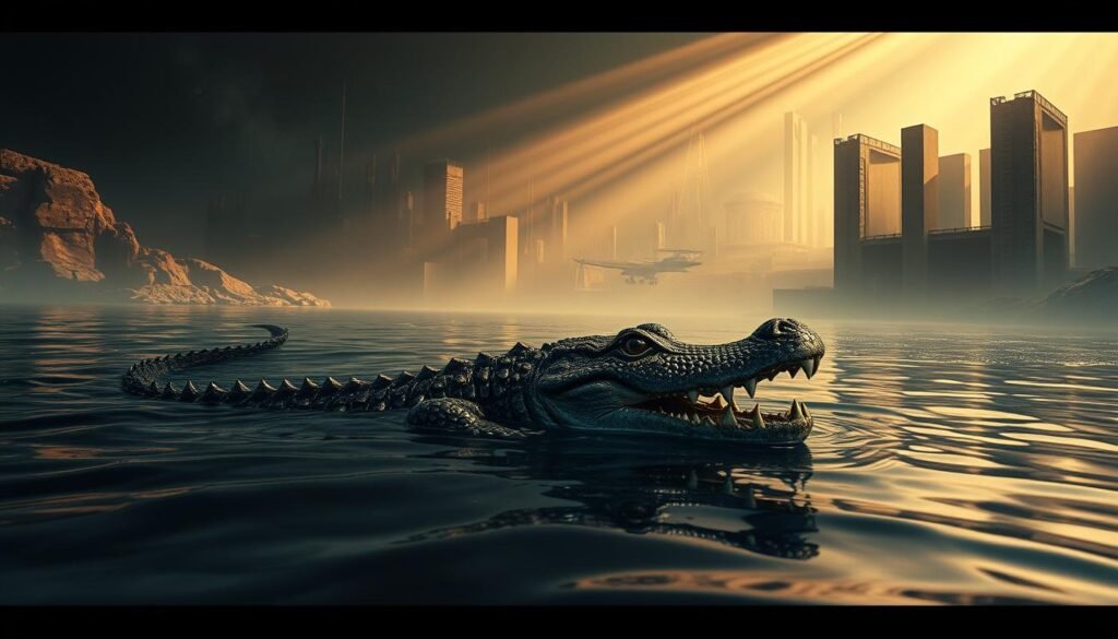 A dreamscape of surreal, psychological symbolism. In the foreground, a crocodile emerges from rippling, reflective waters, its scales glistening with an otherworldly sheen. The crocodile's piercing gaze conveys a sense of primal power and hidden danger. In the middle ground, a labyrinth of abstract, geometric shapes and fractured planes evokes the subconscious mind. Shafts of warm, golden light filter through, casting an introspective, contemplative mood. The background fades into a hazy, ethereal void, hinting at the depths of the human psyche. Surreal, cinematic lighting and a moody, atmospheric color palette heighten the sense of psychological depth and complexity.