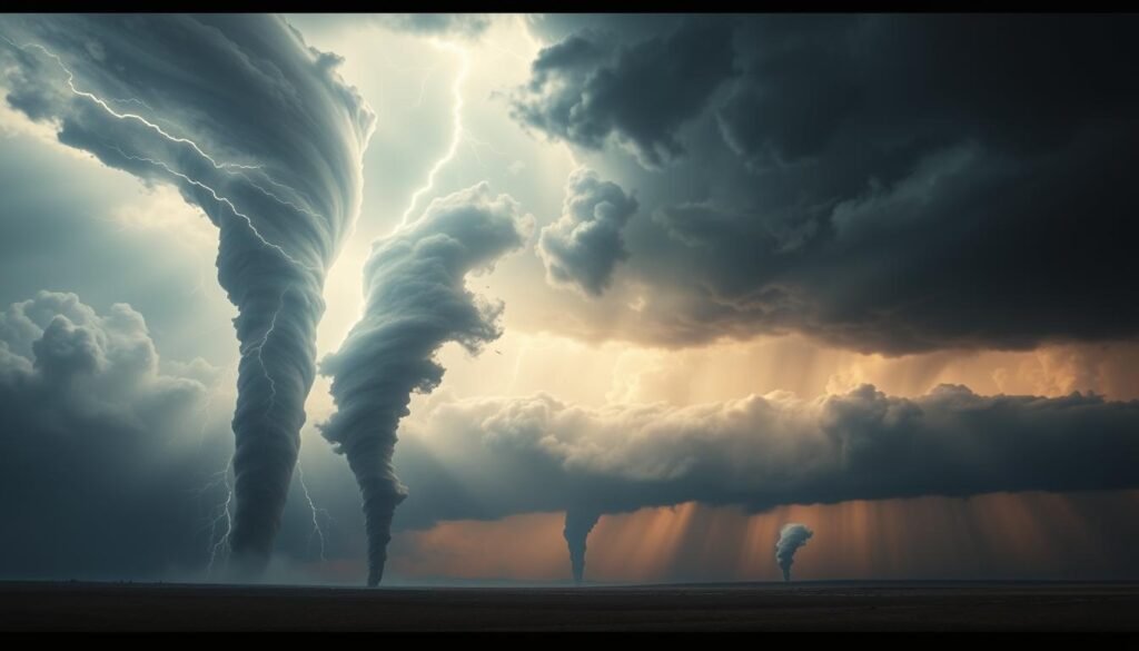 A dreamscape of swirling, ethereal tornadoes surging across a vast, stormy sky. In the foreground, three towering twisters wreathed in lightning and billowing clouds, their ominous forms casting dramatic shadows over a desolate, windswept landscape. The midground features two more tornadoes in the distance, their funnels descending from roiling cumulonimbus clouds. The background is a turbulent horizon, hazy with rain and hints of a biblical reckoning. Dramatic chiaroscuro lighting accentuates the sense of power and foreboding. Capture the interpretive essence of this multilayered, visionary tornado dream.