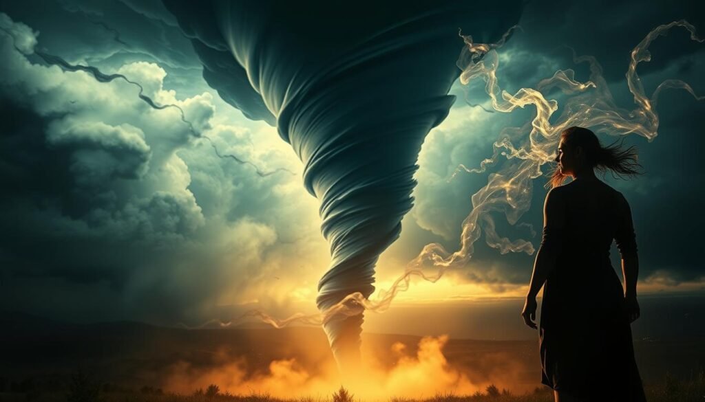 A dreamscape of swirling winds and ethereal energy, capturing the personal interpretation of a tornado dream. In the foreground, a figure stands resolute, their expression reflecting the duality of chaos and spiritual cleansing. Ethereal tendrils of mist and light dance around them, suggesting the transformative power of the dream. The middle ground features a towering, twisting tornado, its form both menacing and mesmerizing. In the distance, a landscape of shimmering, otherworldly hues, hinting at the subconscious realms explored. Dramatic chiaroscuro lighting casts dramatic shadows, heightening the sense of mysticism and introspection. The overall atmosphere is one of introspection, personal growth, and the interplay between external and internal forces.