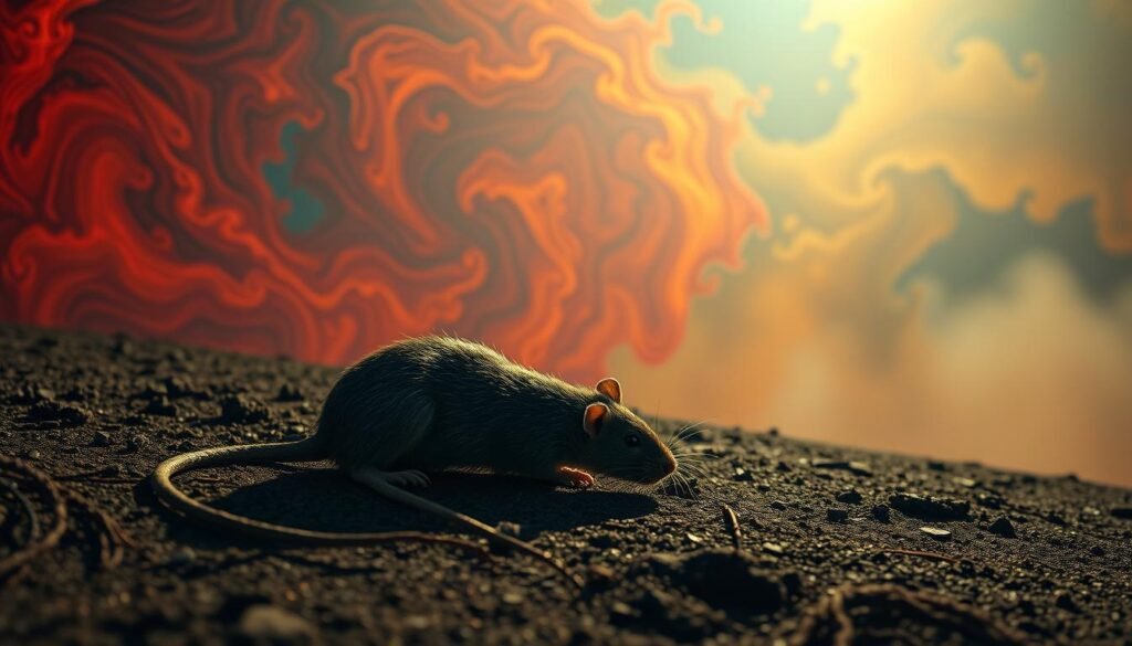 A dreamscape of symbolic color, where a dead rat lies amidst a surreal landscape. The foreground features the rodent, its lifeless form casting an ominous shadow. The middle ground is a kaleidoscope of vibrant hues - crimson, indigo, and gold - swirling and blending, suggesting the complex spiritual meaning behind this biblical vision. The background is a nebulous expanse, hazy and ethereal, with subtle hints of light and shadow, hinting at the divine forces at work. Cinematic lighting casts dramatic chiaroscuro, heightening the sense of mystery and introspection. Wide-angle lens captures the full scope of this mystical tableau, inviting the viewer to contemplation.
