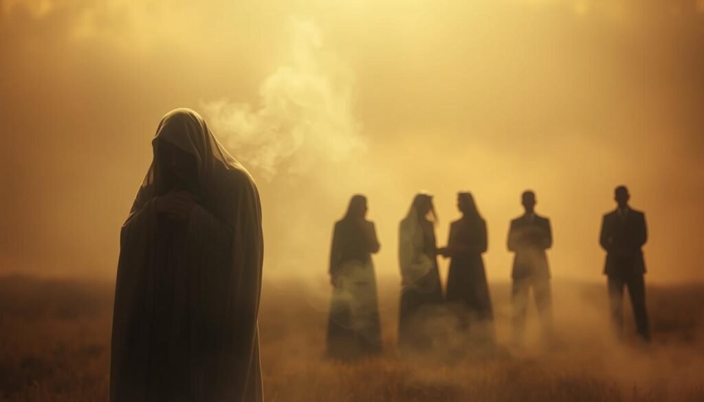 A dreamscape of symbolic imagery, illuminated by a warm, ethereal glow. In the foreground, a shrouded figure emerges, their embrace conveying a sense of comfort and closure. Wisps of ethereal mist swirl around them, hinting at the realm of the departed. In the middle ground, shadowy silhouettes of lost loved ones gather, their expressions serene and reassuring. The background fades into a softly blurred, otherworldly landscape, suggesting a transitory state between the living and the dead. The overall atmosphere is one of introspection, solace, and the profound connections that transcend the boundaries of life and death.