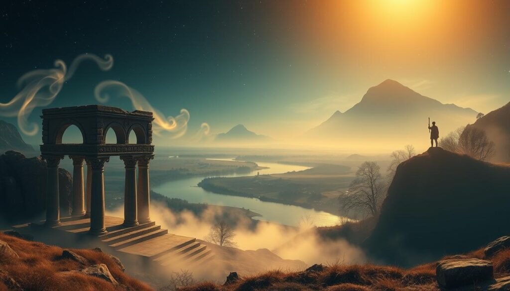 A dreamscape of symbolic locations, bathed in a warm, ethereal glow. In the foreground, a crumbling temple stands, its ancient columns and archways hinting at the mysteries of the subconscious. Wisps of mist swirl around the structure, creating an atmosphere of contemplation. In the middle ground, a winding river meanders, its still waters reflecting the night sky above. On the distant horizon, a towering mountain range rises, its peaks shrouded in a veil of mystery. The overall scene evokes a sense of the sacred, inviting the viewer to explore the deeper meaning of the dream world.