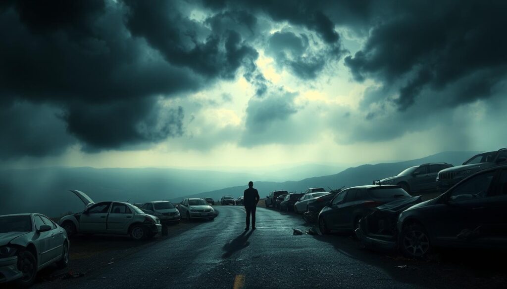 A dreamscape of symbolic vehicles and the allusion of death. In the foreground, a winding road leads to a distant horizon, shrouded in an ominous haze. Broken-down cars and crashed vehicles litter the scene, their crumpled forms evoking a sense of tragedy and unease. Looming overhead, dark clouds swirl, casting an eerie, almost supernatural glow over the landscape. Amidst the desolation, a single, solitary figure stands, their face obscured, contemplating the meaning behind this haunting vision. The overall mood is one of introspection, as if the viewer is being drawn into the subconscious realm of dreams and their hidden symbolism.