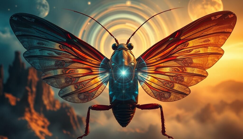A dreamscape of transformative power, a surreal canvas of shifting landscapes and otherworldly entities. In the foreground, a colossal cockroach unfurls its iridescent wings, its compound eyes reflecting the kaleidoscopic visions of the subconscious. Swirling energy fields and shifting geometric patterns create a mesmerizing middle ground, hinting at the profound insights that can be unlocked through the lens of the cockroach's symbolic presence. The background dissolves into a hazy, ethereal realm, bathed in a warm, soothing glow that invites the viewer to surrender to the transformative potential of the dream experience. Cinematic lighting and a wide-angle lens capture the grandeur and immersive nature of this visionary scene, evoking a sense of wonder and the possibility of transcendence.