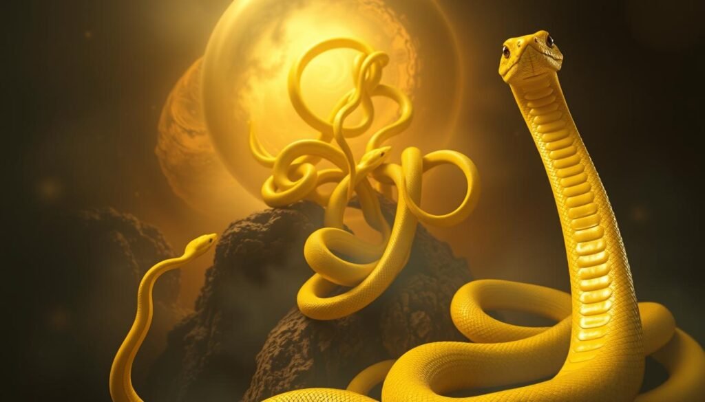 A dreamscape of vivid yellow snakes, slithering and coiling against a rich, mysterious backdrop. In the foreground, a single serpent emerges, its scales gleaming like gold. In the middle ground, a cluster of snakes intertwine, their movements fluid and hypnotic. The background reveals a swirling, ethereal landscape, hinting at the subconscious realms of the dreamer. The lighting is soft and warm, casting an otherworldly glow across the scene. Captured through a wide-angle lens, the composition evokes a sense of wonder and contemplation, inviting the viewer to explore the spiritual significance of the yellow snake dream.