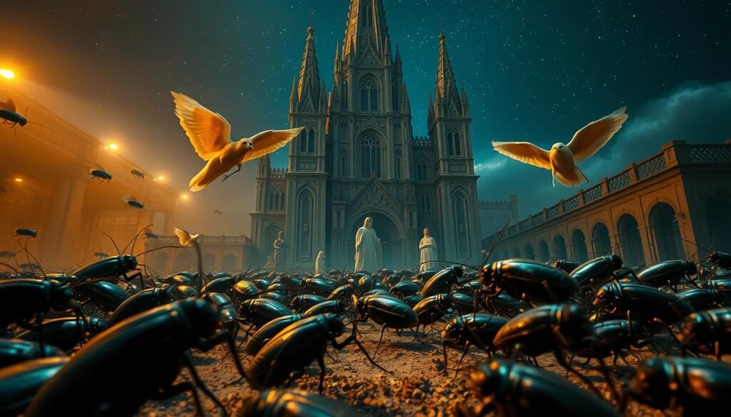 A dreamscape reminiscent of biblical times, where a towering, baroque-inspired cathedral stands in the center. Soft, warm lighting bathes the scene, casting a serene, contemplative atmosphere. In the foreground, a swarm of sleek, ebony cockroaches crawl and scurry, their intricate carapaces shimmering under the gentle illumination. The creatures appear to move with a sense of purpose, as if guided by some divine or supernatural force. In the middle ground, angelic figures gaze down upon the roaches, their expressions a mix of wonder and concern. The background features a starry, midnight-blue sky, suggesting the mystical, otherworldly nature of the vision. The overall composition evokes a sense of biblical allegory, where the ubiquitous cockroaches hold a deeper, symbolic significance within the context of a spiritual dream.