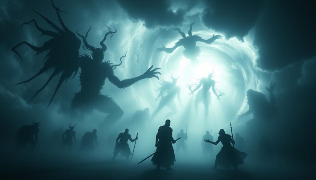 A dreamscape shrouded in ethereal mist, where shadowy figures wage a fierce spiritual battle. In the foreground, a lone warrior stands resolute, their aura of divine light clashing against the tendrils of darkness that reach out to ensnare them. In the middle ground, spectral forms twist and contort, their malevolent intentions palpable. The background is a swirling vortex of spiritual energies, a testament to the unseen forces that govern the realm of dreams. Dramatic chiaroscuro lighting casts dramatic shadows, emphasizing the high-contrast conflict between light and dark. The scene conveys a palpable sense of spiritual warfare, a clash between the forces of good and evil within the subconscious mind.