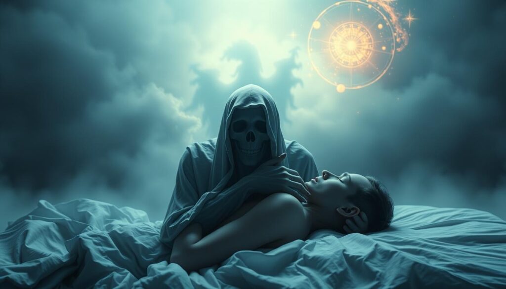 A dreamscape where the ethereal and the macabre intertwine. In the foreground, a spectral figure, its hands wrapped around a sleeping person's neck, conveying the unsettling symbolism of strangulation in the subconscious. The middle ground is shrouded in a hazy, otherworldly mist, while the background depicts a surreal, abstract landscape of swirling energy and celestial elements. The lighting is soft and muted, adding to the haunting, contemplative atmosphere. The scene evokes the notion of the unconscious mind's power to confront and grapple with profound spiritual and emotional struggles.