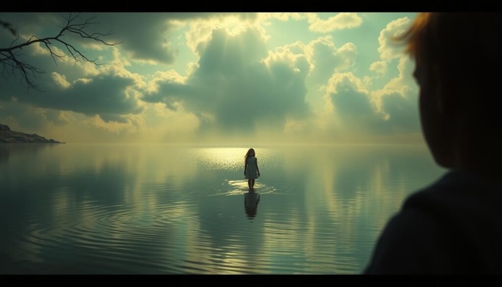A dreamscape where the physical and metaphysical intertwine, illuminating the profound connections between a parent's inner world and their child's reality. In the foreground, a parent's silhouette overlooks a tranquil lake, their reflection rippling with a sense of unease. The middle ground reveals a ghostly figure, the daughter, wading through the shimmering waters, her expression pensive. The background showcases a surreal landscape, where the boundaries between dream and waking life blur, hinting at the deeper emotional resonance that lies beneath the surface. Soft, warm lighting casts a contemplative glow, while a wide-angle lens captures the sense of expansive, introspective space. The overall mood is one of introspection, a invitation to ponder the profound significance of parental dreams and their potential to mirror real-world concerns.