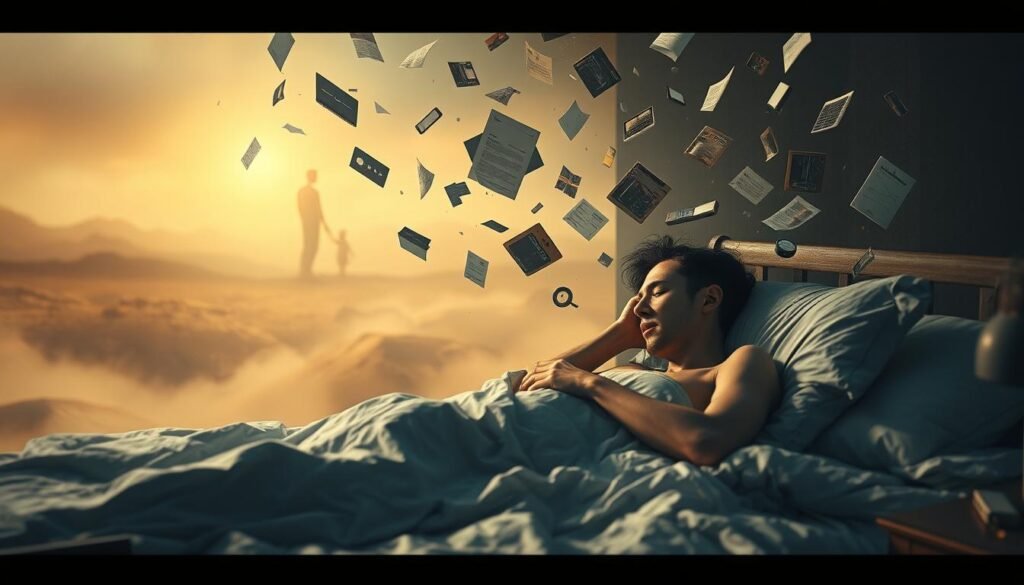 A dreamscape where the stresses of daily life manifest as surreal, interconnected elements. In the foreground, a person tossing and turning in bed, plagued by restless dreams. Swirling around them, fragments of unfinished tasks, looming deadlines, and unresolved emotions - represented as abstract shapes and textures. In the middle ground, a hazy reflection of the person's waking world, with scattered papers, devices, and other reminders of daily obligations. The background depicts a softly lit, otherworldly landscape, suggesting the blurred boundary between the conscious and subconscious. Warm, muted tones create an atmosphere of contemplation, while strategic lighting and depth of field focus the viewer's attention on the central figure and their internal struggles.