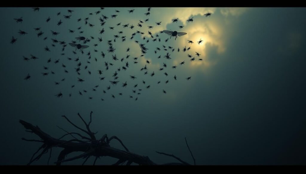 A dreamscape with a somber, spiritual atmosphere. In the foreground, a swarm of detailed, photo-realistic flies hovering ominously over a withered, decaying tree branch. The middle ground features a wispy, ethereal mist shrouding the scene, while the background depicts a gloomy, overcast sky with a dim, warm light peeking through. The lighting is dramatic, creating deep shadows and highlights that emphasize the sense of decay and foreboding. The overall mood is one of quiet contemplation, inviting the viewer to ponder the hidden symbolic meaning of the flies' presence in this mystical, otherworldly setting.