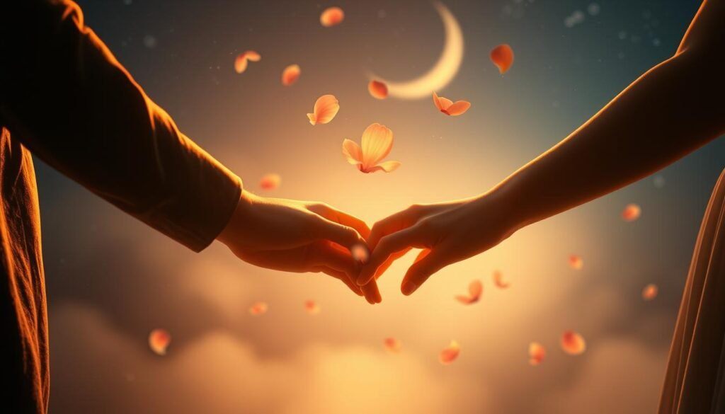 A dreamy and romantic scene with symbolic elements. In the foreground, a pair of interlocked hands bathed in soft, warm lighting, representing the connection and intimacy of a relationship. In the middle ground, delicate flower petals floating through the air, evoking the fragility and beauty of love. In the background, a hazy, starry night sky with a crescent moon, creating an atmosphere of mystery and wonder. The entire composition has a gentle, ethereal quality, inviting the viewer to interpret the hidden meanings behind the romantic dream symbols.