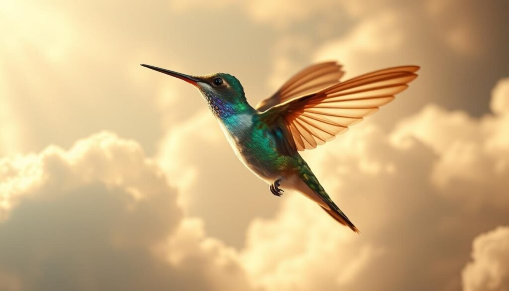A dreamy, biblical vision of a hummingbird in flight, its iridescent feathers shimmering in the soft, heavenly light. Against a backdrop of cloud-like swirls and celestial hues, the hummingbird hovers, its wings a blur of motion, conveying a sense of divine energy and spiritual connection. The creature's delicate form is imbued with a mystical aura, as if carrying a message from a higher realm. The composition is balanced, with the hummingbird occupying the central focus, surrounded by an ethereal, dreamlike atmosphere that evokes a profound, sacred symbolism.