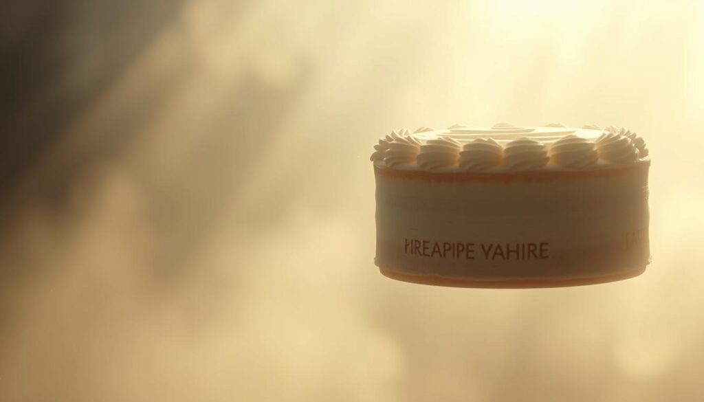 A dreamy, emotive interpretation of a cake floating against a surreal, ethereal backdrop. The cake is suspended in a hazy, atmospheric setting, with soft, muted colors and a sense of tranquility. The cake itself is rendered with delicate textures and details, emanating a sense of warmth and comfort. Rays of light filter through the mist, creating a mystical, almost spiritual ambiance. The overall composition conveys a sense of introspection, evoking the emotional resonance of dream imagery.