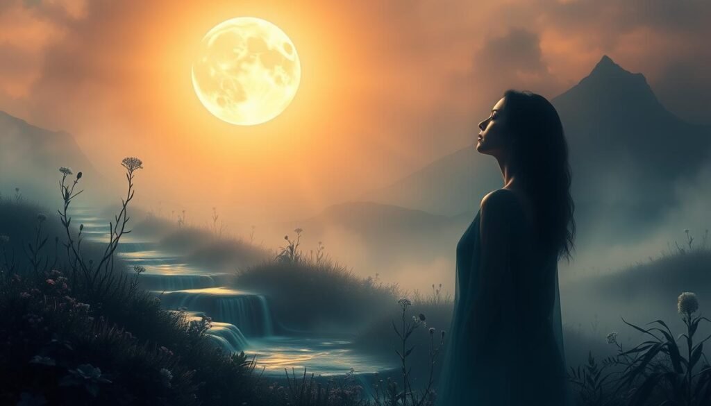 A dreamy, ethereal landscape where the moon takes center stage, casting a serene glow over the scene. In the foreground, a figure representing the divine feminine energy, her eyes closed in contemplation, reflects the cycles of the moon and the subconscious realms it governs. The middle ground features symbolic elements like flowing water, a crescent moon, and mystical flora, all bathed in a soft, ambient light. The background is a hazy, atmospheric expanse, evoking the psychological and emotional depths of the moon's influence. The overall mood is one of introspection, spirituality, and the interconnectedness of the human psyche and the natural world.