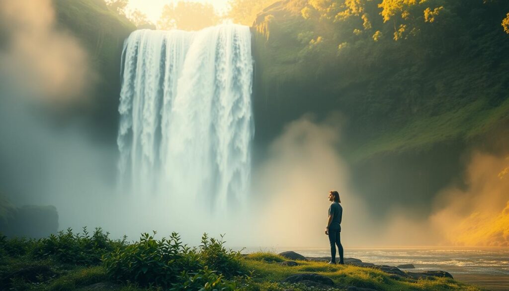A dreamy, ethereal waterfall cascades amidst a lush, verdant landscape. The falling water appears to flow with a soft, hazy quality, suggesting a sense of tranquility and introspection. In the foreground, a lone figure stands contemplatively, their gaze fixed upon the mesmerizing cascade. The image is bathed in warm, golden light, creating a peaceful, meditative atmosphere. The waterfall's rhythm and the figure's stillness evoke a psychological exploration of the subconscious, inviting the viewer to delve into the symbolic meaning and emotional resonance of this serene, otherworldly scene.