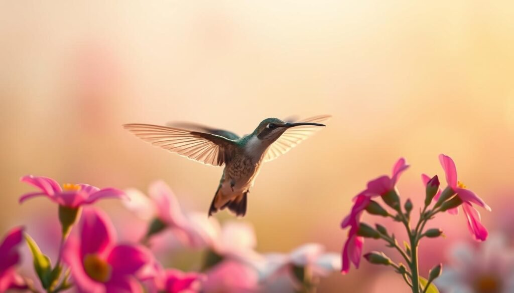 A dreamy hummingbird hovers amidst lush, vibrant flowers, its iridescent feathers glistening in the soft, golden light. The bird's movements are graceful and serene, exuding a sense of tranquility and inner healing. In the background, a blurred, ethereal landscape unfolds, bathed in a warm, soothing palette of pastel hues. The overall composition evokes a feeling of peace, emotional restoration, and a connection to the divine. Shot with a shallow depth of field and a slightly tilted angle, the image captures the essence of a "Hummingbird Dream Emotional Healing."