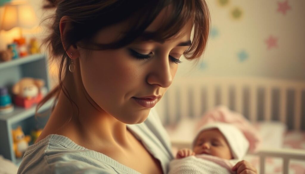 A dreamy, nostalgic scene of a young woman reminiscing her childhood memories and past experiences. In the foreground, a serene close-up of the woman's face, her eyes closed as she loses herself in the visions of the past. Behind her, a soft, blurred background depicting a child's bedroom - toys, stuffed animals, and a crib with a baby girl resting peacefully. Warm, diffused lighting casts a gentle glow, creating an atmosphere of tranquility and introspection. The overall mood is one of wistful contemplation, as the woman's subconscious intertwines her cherished memories with her current dream of holding a baby girl.