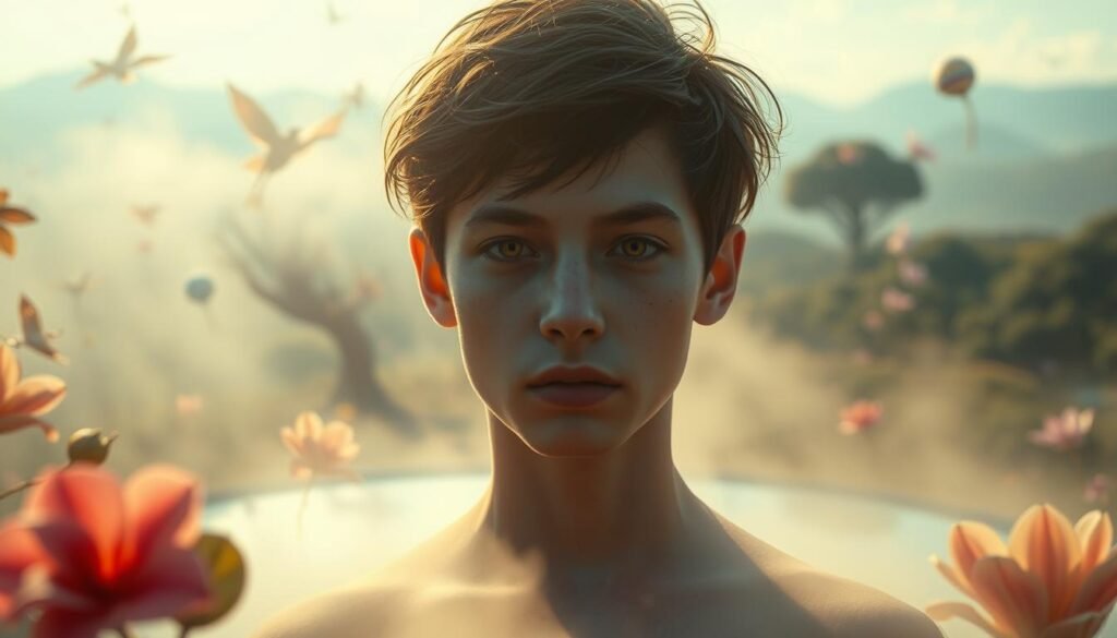 A dreamy, romantic interpretation of a young person's imagination. In the foreground, a mysterious, androgynous figure emerges from a hazy, ethereal mist, their features soft and alluring. Surrounding them, a lush, fantastical landscape with vibrant, otherworldly flora and whimsical, floating elements. Glowing, diffused lighting casts a warm, tranquil ambiance, creating a sense of wonder and introspection. The middle ground features a tranquil, opaque lake or pool, reflecting the dreamlike scene. In the distance, a horizon of rolling, pastel-colored hills or mountains, adding to the sense of mystique and the boundless potential of the imagination. The overall mood is one of curiosity, longing, and the captivating power of the subconscious.