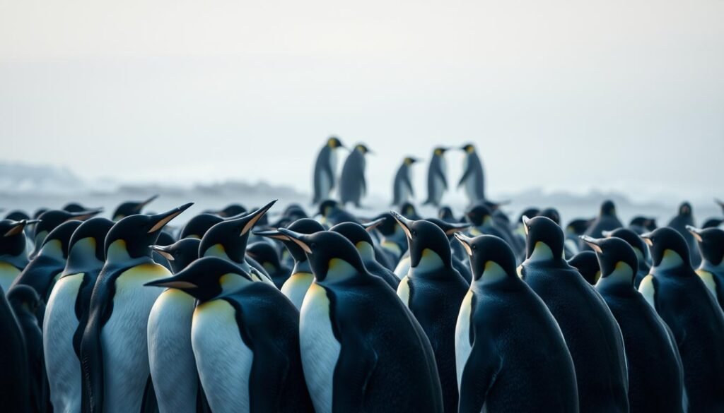 A dreamy scene of a penguin community, their strong social bonds captured in an atmospheric composition. In the foreground, a group of penguins huddled together, their sleek black-and-white forms illuminated by soft, diffused lighting that creates a sense of intimacy and cohesion. In the middle ground, penguins are seen interacting, sharing moments of play and camaraderie, their movements graceful and synchronized. The background features a hazy, ethereal landscape, with muted tones and a sense of depth that enhances the tranquil, contemplative mood. The image conveys a strong sense of community, adaptability, and the profound spiritual connection that penguins share, a message that resonates with the article's themes.