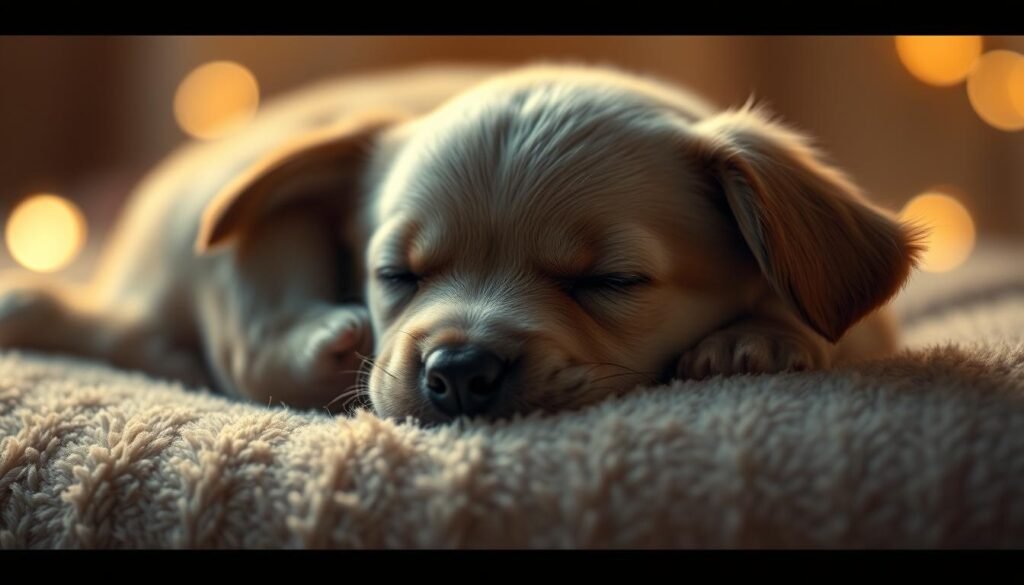 A dreamy, serene scene of a puppy sleeping peacefully, curled up on a soft, plush surface. Bathed in warm, diffused lighting, the puppy's features are gently defined, with a tranquil expression on its face. The background is blurred, creating a sense of focus on the puppy, symbolizing the introspective nature of dream interpretation. Subtle, ethereal textures and a calming, muted color palette evoke a sense of introspection and self-discovery, reflecting the deeper meaning behind the puppy's presence in the dreamer's subconscious.