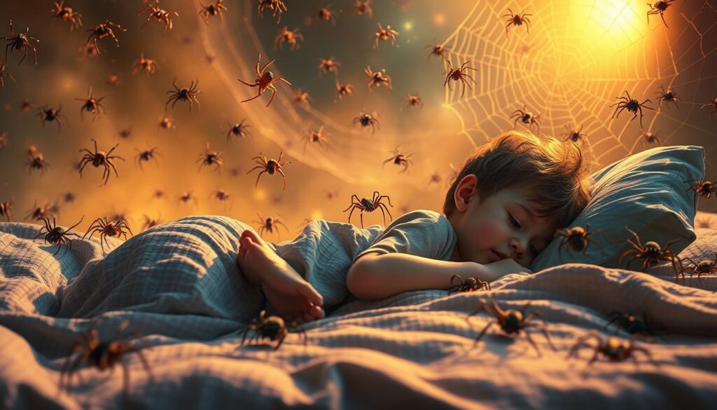 A fantastical dream landscape depicting the whimsical world of childhood spider dreams. In the foreground, a young child lies sleeping, surrounded by a swarm of spiders in vibrant, dreamlike colors. The spiders dance and scurry around the child, their long legs casting intricate shadows on the soft, textured bedsheets. In the middle ground, the child's subconscious unfolds, with spiders weaving intricate webs that morph and shift, reflecting the child's vivid imagination. The background is a hazy, ethereal realm, bathed in warm, golden light that imbues the scene with a sense of wonder and nostalgia. The overall mood is one of playfulness, imagination, and the powerful influence of past experiences on our dreams.
