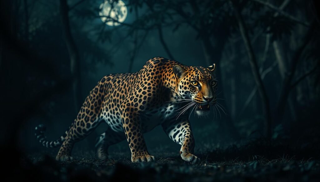 A fierce leopard stalks through the dark, dreamlike forest, its piercing yellow eyes locked in an intense, predatory gaze. Powerful muscles ripple beneath the spotted, golden fur as it crouches, ready to pounce. Moonlight filters through the canopy, casting dramatic shadows that heighten the leopard's predatory presence. The air is thick with tension, hinting at the raw, primal power of this apex predator. In the distance, the low rumble of thunder adds to the ominous atmosphere, as if the very elements are charged with the leopard's aggressive energy. This is a vision of the leopard as a symbol of untamed, instinctual force, a manifestation of the subconscious mind's most primordial desires and fears.