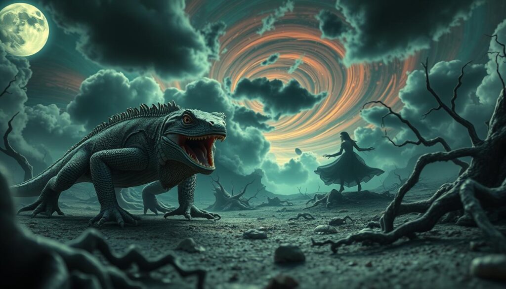 A fierce lizard, its scales gleaming in the moonlight, stalks through a surreal, dreamlike landscape. Its jaws gape wide, fangs bared, as it chases its prey - a shadowy, ethereal figure that flits and dances just out of reach. The ground is strewn with twisted, gnarled tree roots, and the sky is a swirling, kaleidoscopic miasma of colors. Ominous clouds loom overhead, casting an eerie, foreboding atmosphere. The lizard's eyes burn with a primal, predatory intensity, its focus unwavering as it pursues its target through this nightmarish realm. Cinematic, wide-angle shot with dramatic lighting and depth of field.