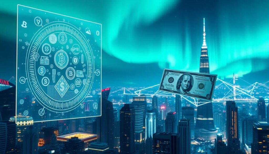 A futuristic cityscape at night, with a glowing digital skyline and soaring skyscrapers. In the foreground, a floating holographic display showcases intricate cryptocurrency symbols, data streams, and digital wallets. The middle ground features a surreal fusion of physical money and virtual currencies, with paper bills transforming into shimmering crypto tokens. In the background, an aurora borealis-like display of lights and energy pulses, symbolizing the dynamic and ever-changing nature of digital finance. The scene is bathed in a cool, neon-infused lighting, creating a sense of technological wonder and the promise of a cashless, decentralized future.